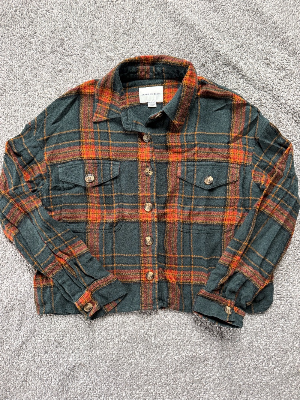 American Eagle Green & Orange Plaid Button-Up Shacket